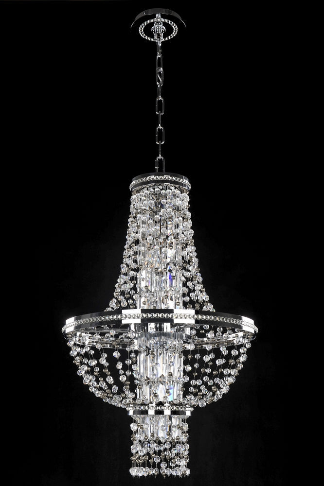 39 in. Round Pendant. The Caravaggio Collection reimagines the drum shade with amoeba shapes in Antique Silver framed by Chrome bands, set against cascading Clear Firenze crystals for soft sparkle and movement.