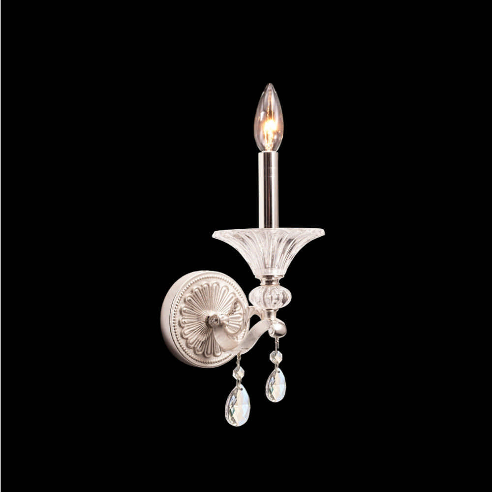 1.5-Light Wall Bracket from the Rafael Collection. A refined take on majestic sconces with cast-brass arms in Antique Silver or Two-Tone Gold, Clear Firenze crystal bobeches, and Clear Firenze or Swarovski crystals for timeless elegance.
