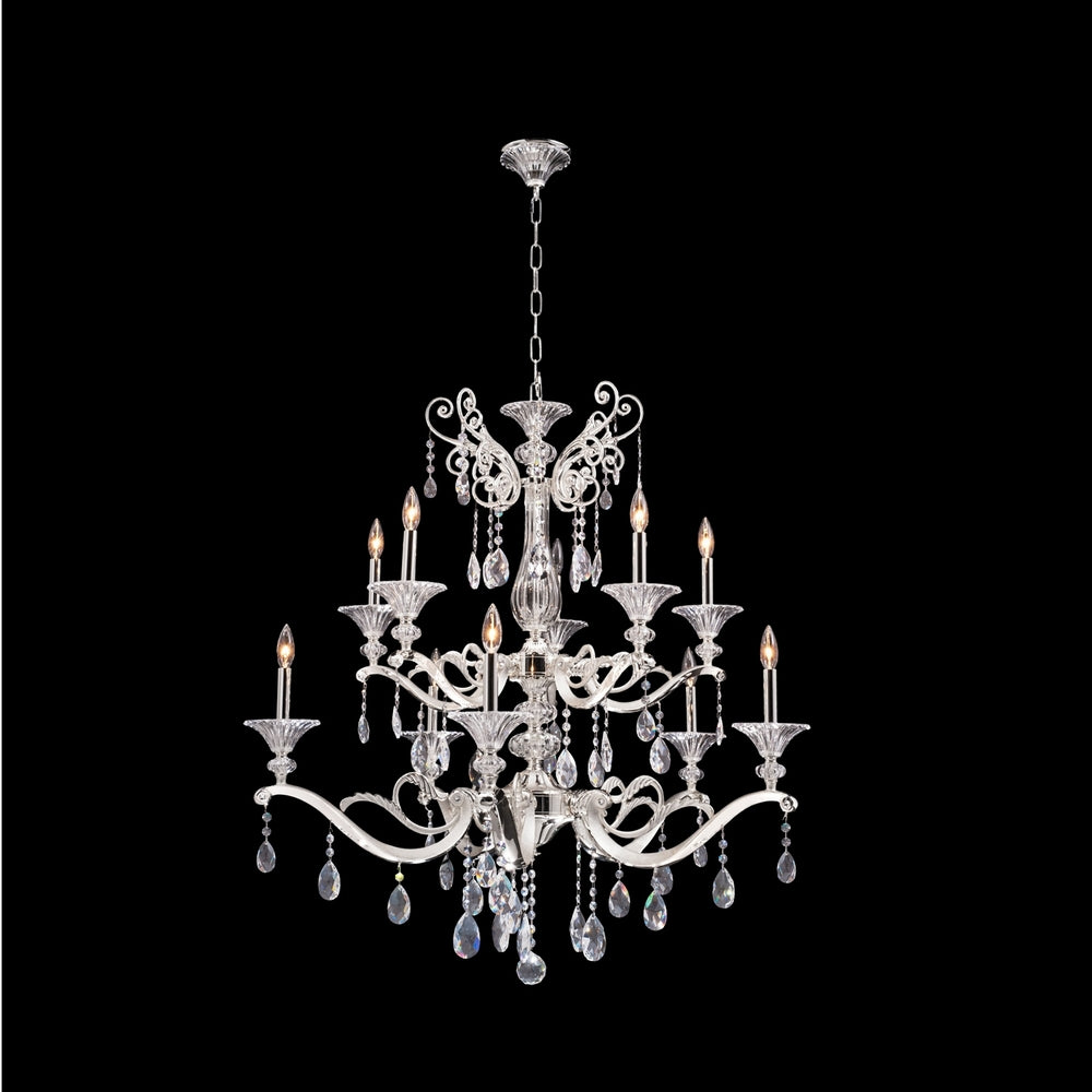 1.21-Light Chandelier from the Rafael Collection. A modern take on majestic design with cast-brass arms in Antique Silver or Two-Tone Gold, half-brass and half-Clear Firenze crystal bobeches, and Clear Firenze or Swarovski crystals for timeless elegance.