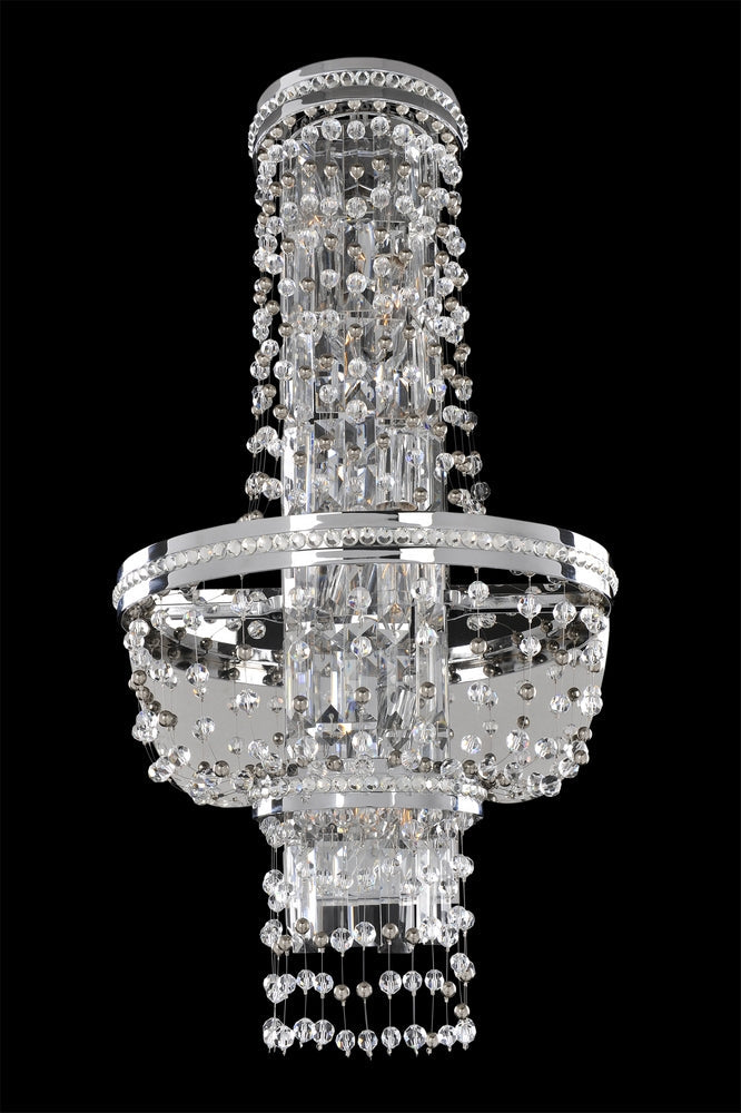 31.5 in. Round Pendant. The Caravaggio Collection reimagines the drum shade with amoeba shapes in Antique Silver framed by Chrome bands, set against cascading Clear Firenze crystals for soft sparkle and movement.