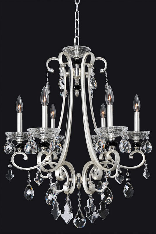 1.18 Light Chandelier. The Campra Collection features a Clear Firenze teardrop stem, Silver curves, Clear and Smoke Fleet Argentine bobeches, and Swarovski or Firenze crystals.