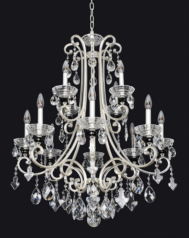 2.18 Light Chandelier. The Campra Collection features a Clear Firenze teardrop stem, Silver curves, Clear and Smoke Fleet Argentine bobeches, and Swarovski or Firenze crystals.