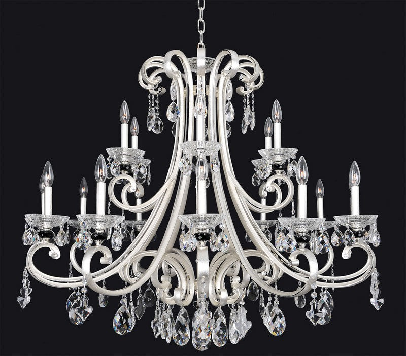 1.10 Light Chandelier. The Campra Collection combines Silver curves with a Clear Firenze teardrop stem, Clear and Smoke Fleet Argentine bobeches, and Swarovski or Firenze crystals.