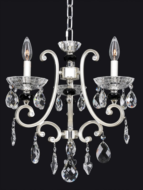 2.10 Light Chandelier. The Campra Collection combines Silver curves with a Clear Firenze teardrop stem, Clear and Smoke Fleet Argentine bobeches, and Swarovski or Firenze crystals.