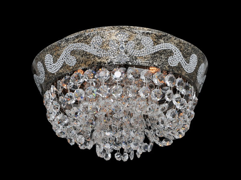 2.5 Light Chandelier. The Campra Collection combines Silver curves with a Clear Firenze teardrop stem, Clear and Smoke Fleet Argentine bobeches, and Swarovski or Firenze crystals.