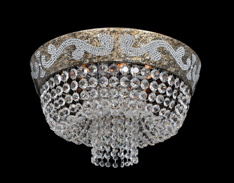 2.6 Light Chandelier. The Campra Collection pairs Silver curves with a Clear Firenze teardrop stem, Clear and Smoke Fleet Argentine bobeches, and Swarovski or Firenze crystals.