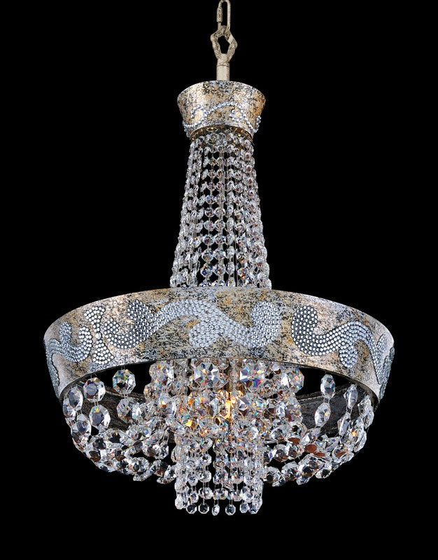 2.15 Light Chandelier. The Marcello Collection pairs Antique Silver curves and ornate stems with cast iron bobeches and Swarovski or Firenze crystals for dazzling elegance.