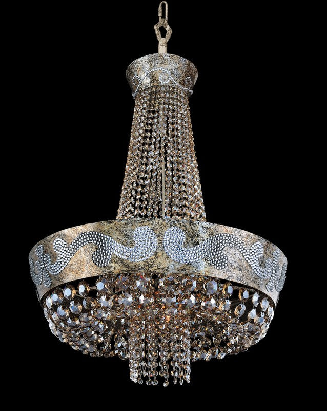 2.8 Light Chandelier. The Marcello Collection highlights Antique Silver curves, ornate stems, cast iron bobeches, and Swarovski or Firenze crystals for timeless glamour.