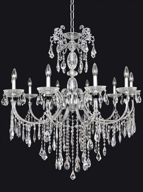 2.18 Light Chandelier. The Cassella Collection blends a Clear Firenze crystal column with Allegri finishes, Smoke Fleet Argentine bobeches, and draped Firenze crystals.
