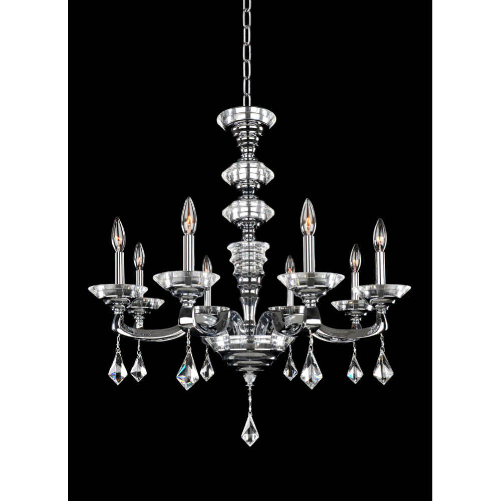 6-Light Chandelier. A blend of traditional curves and Art Deco style, with silver finish, crystal bobeches, and sparkling drops.