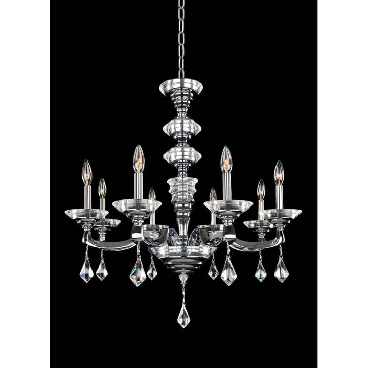 1.6 Light Chandelier. Tradition meets Art Deco with curves in Two-tone Silver, prismatic crystal bobeches, and dangling Firenze or Swarovski crystals for romantic sparkle.