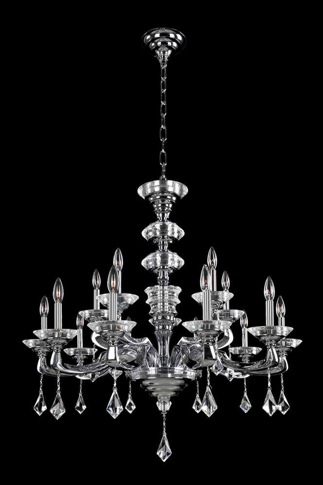 2.6 Light Chandelier. Tradition meets Art Deco with curves in Two-tone Silver, prismatic crystal bobeches, and dangling Firenze or Swarovski crystals for romantic sparkle.