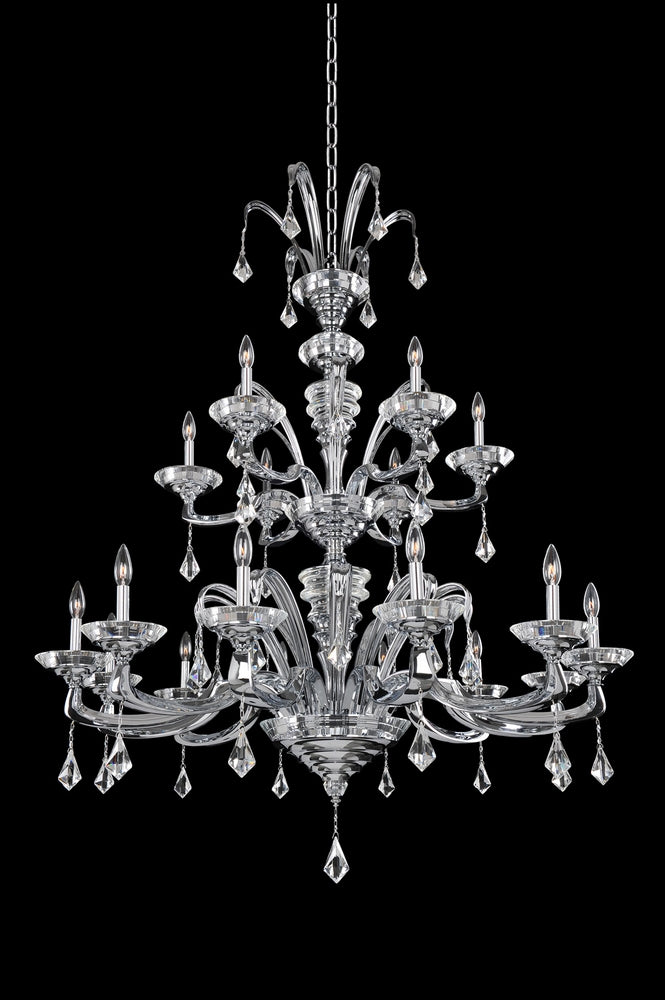 1.8 Light Chandelier. Tradition meets Art Deco with curves in Two-tone Silver, prismatic crystal bobeches, and dangling Firenze or Swarovski crystals for romantic sparkle.