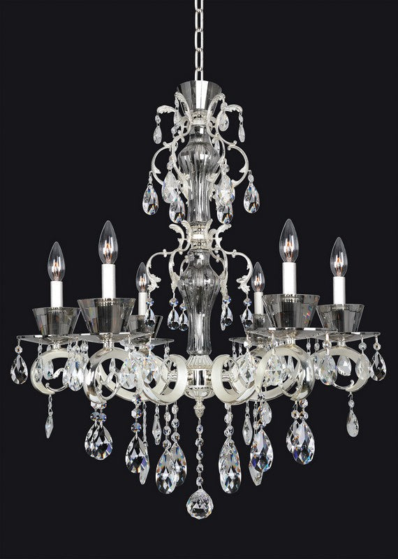 4.48 Light Chandelier. The Legrenzi Collection fuses modern design with traditional elegance, featuring ornate stems, curves in Antique Silver Leaf or Two-tone 24k Gold, Clear Firenze bobeches, and draped crystals for glamorous sparkle.