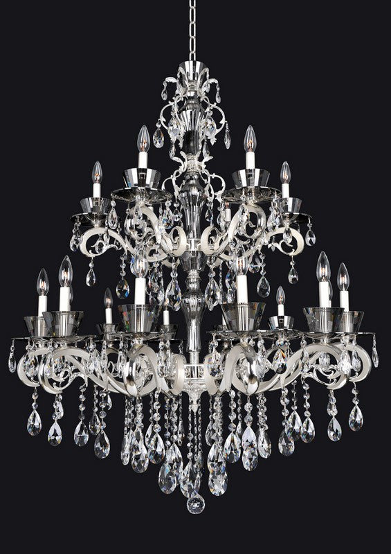 2.4 Light Chandelier. The Legrenzi Collection fuses modern design with traditional elegance, featuring ornate stems, curves in Antique Silver Leaf or Two-tone 24k Gold, Clear Firenze bobeches, and draped crystals for glamorous sparkle.