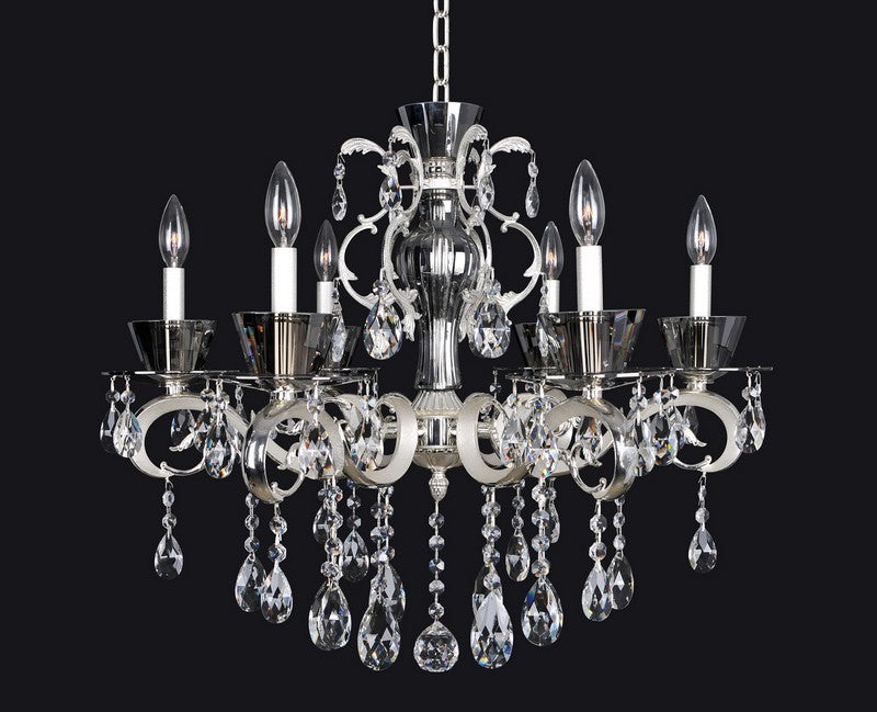 4.4 Light Chandelier. The Legrenzi Collection fuses modern design with traditional elegance, featuring ornate stems, curves in Antique Silver Leaf or Two-tone 24k Gold, Clear Firenze bobeches, and draped crystals for glamorous sparkle.