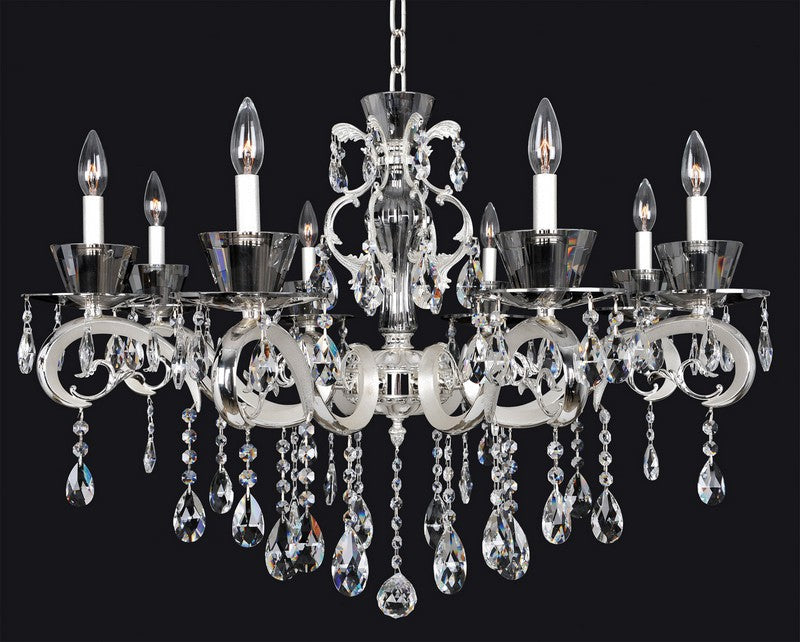 2.6 Light Chandelier. The Legrenzi Collection fuses modern design with traditional elegance, featuring ornate stems, curves in Antique Silver Leaf or Two-tone 24k Gold, Clear Firenze bobeches, and draped crystals for glamorous sparkle.