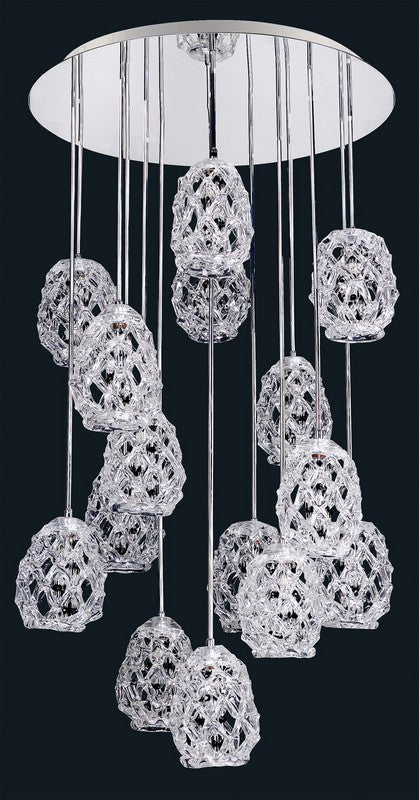 Armanno 16 in. Round Pendant. Chrome with angled Firenze Prism crystals and center band detail.
