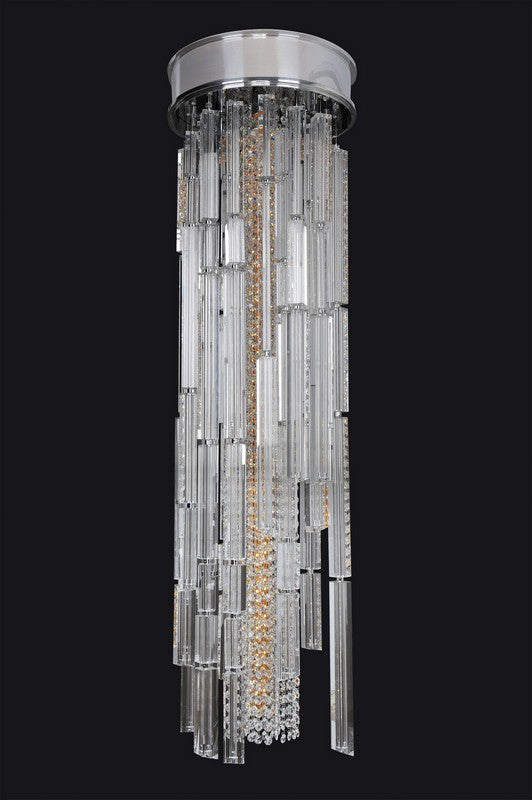 1 Light Flush Mount. The Lazaro Pendant features a cascade of Clear Firenze or Swarovski crystals, with a Chrome swirl that reflects their sparkle for a dramatic centerpiece.