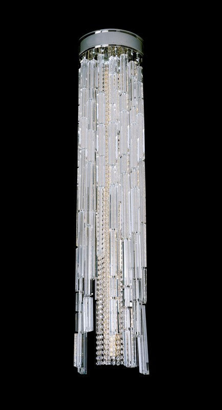 18 Light Flush Mount. The Auletta Collection, inspired by Art Deco theater foyers, layers prism-shaped crystals on a Chrome frame to form bold, geometric cascades with dramatic flair.
