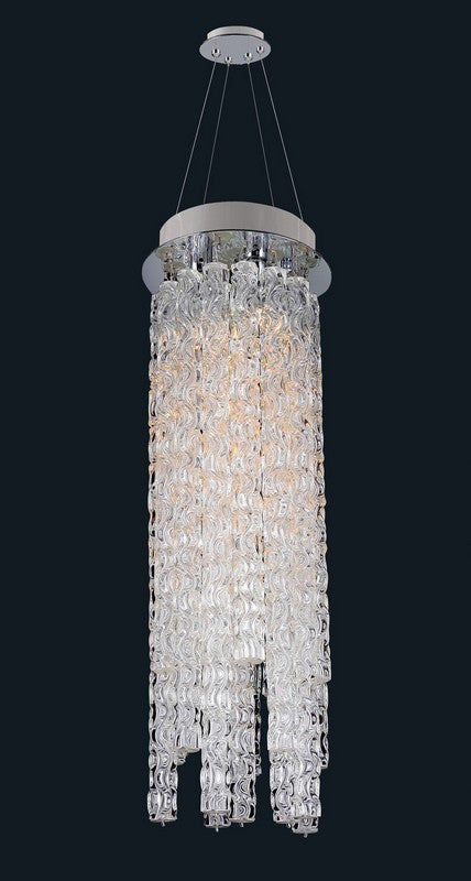 24 in. Convertible Round Pendant/Flush Mount – The Auletta Collection, inspired by Art Deco theater foyers, features layered Prism crystals on a Chrome frame for a sleek, dramatic look.