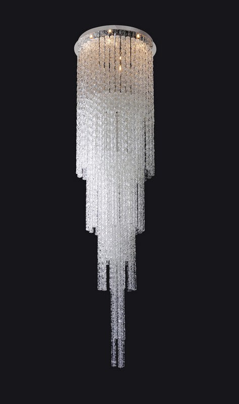 1.21 Light Chandelier. The Fanshawe Collection fuses Art Deco and Venetian artistry with hand-blown glass arms, conical glass columns, and Clear Firenze crystals. A Chrome finish fades away, letting the crystal shine.