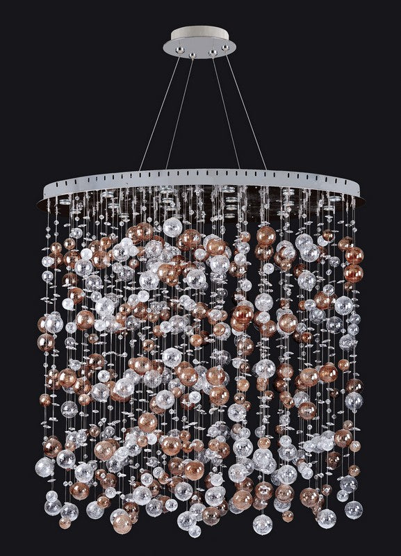 1.5 Light Chandelier. Fanshawe layers hand-blown glass arms with conical glass columns and Clear Firenze crystals. Chrome finish disappears, letting crystal take focus.