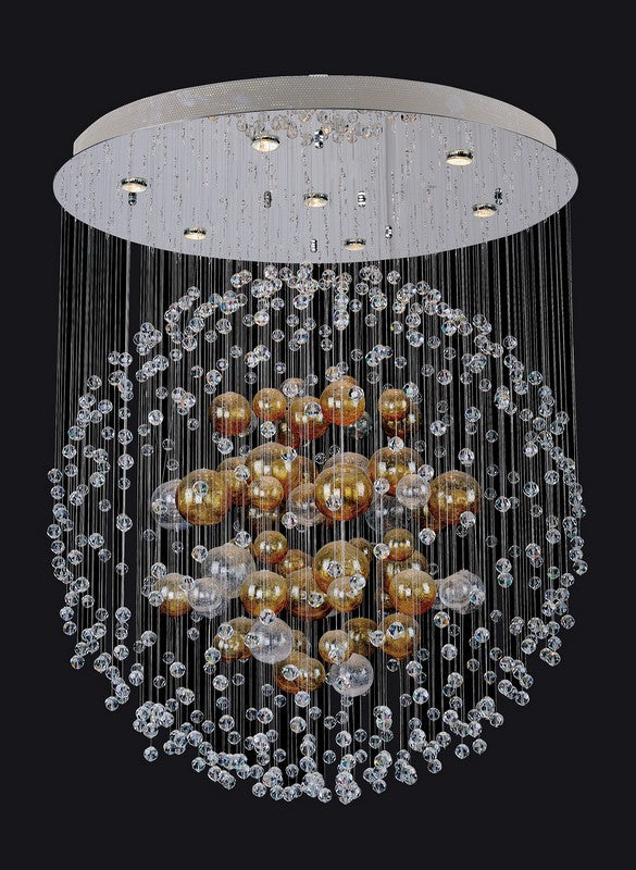2.5 Light Chandelier. Fanshawe layers hand-blown glass arms with conical glass columns and Clear Firenze crystals. Chrome finish disappears, letting crystal take focus.