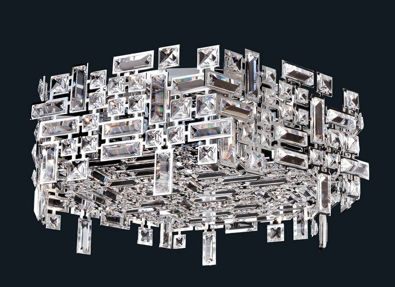 1.30 Light Round Pendant. Constellation bursts with Chrome lights and Clear Firenze crystals, a striking nod to Lincoln Center chandeliers.
