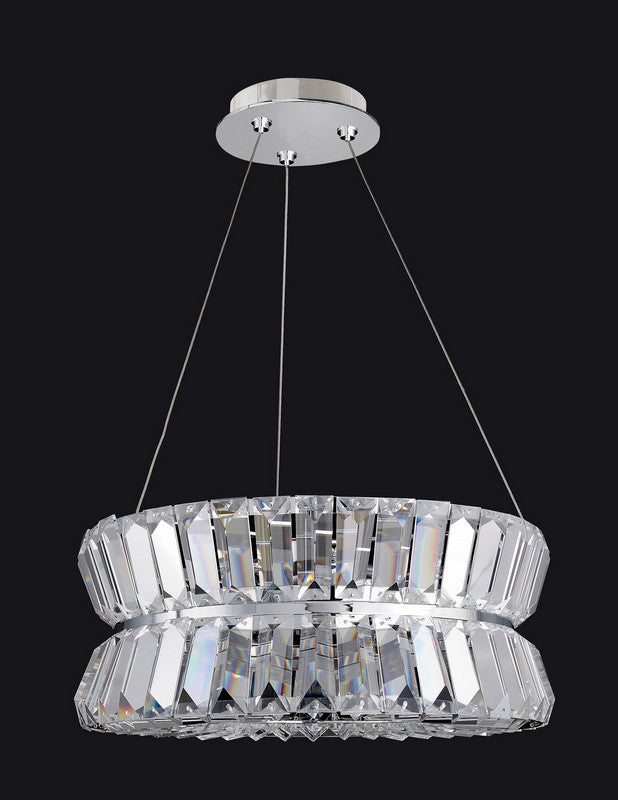 12 in. Round Pendant – Sleek modern style with U-shaped tiers of Clear Prism crystals tipped with Square Stones, finished in Chrome. Available in four shapes, timeless for any space.