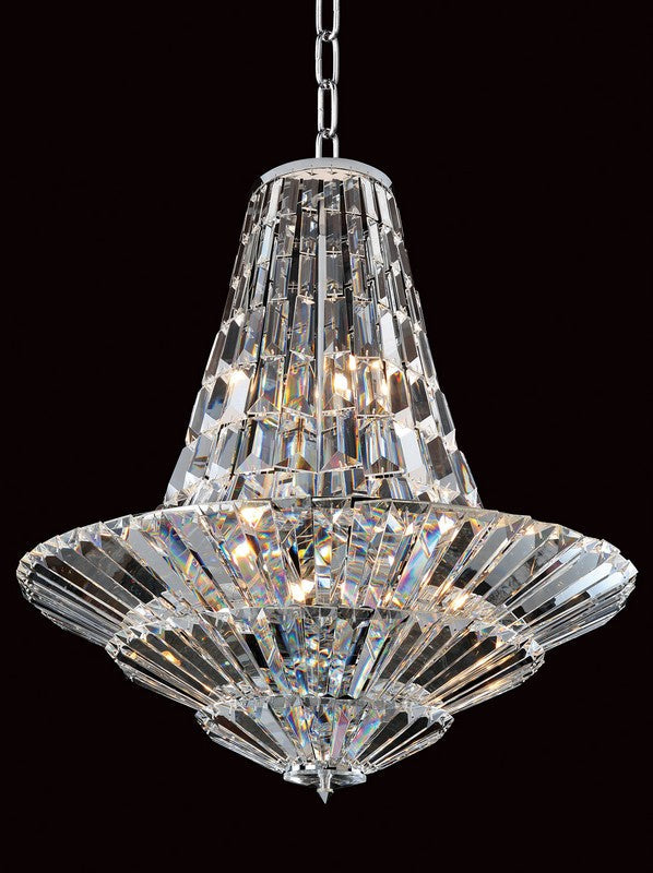 18-Light Round Pendant – Sleek modern style with U-shaped tiers of Clear Prism crystals tipped with Square Stones, finished in Chrome. Available in four shapes, timeless for any space.