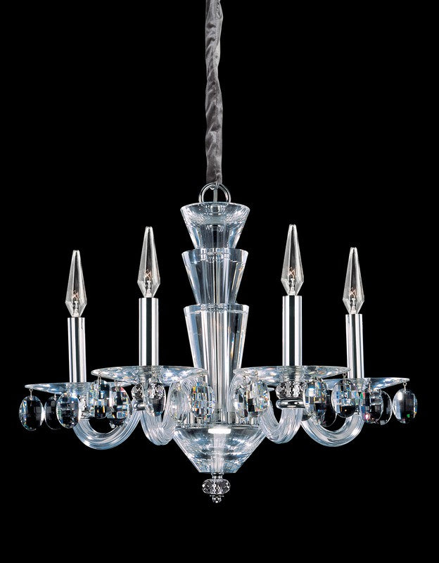 6-Light Round Pendant – Simplistic elegance with U-shaped Prism crystal tiers tipped with Square Stones, in Chrome. Timeless, sleek, and versatile for any room.